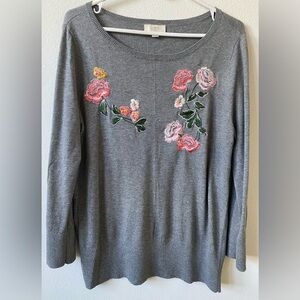 EUC Loft Gray Sweater with Floral Embroidery L